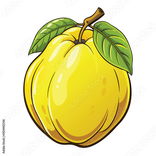 Ripe yellow quince with leaves