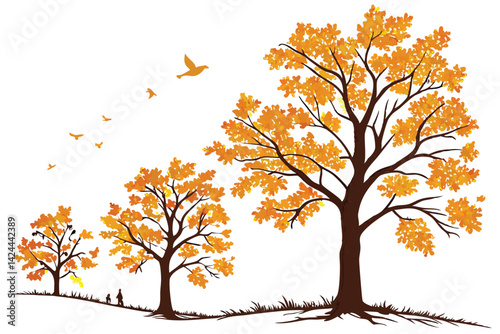 32 Autumn trees, golden foliage, vibrant yellow leaves, deciduous trees, isolated on white background, growth stages, seasonal progression, botanical illustration, watercolor style, elegant tree silho