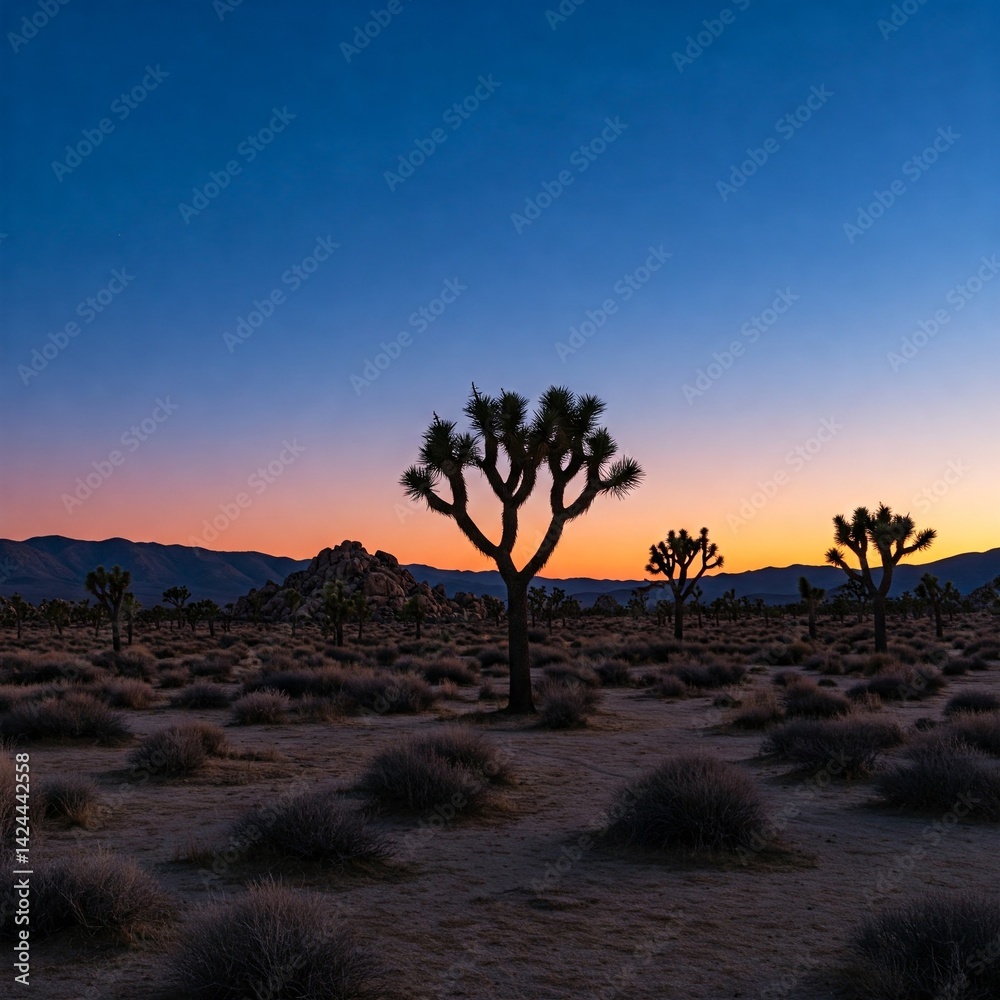 Obraz premium Joshua Tree desert scene at dusk, deep blue sky fading into warm horizon, with distinctive tree silhouettes.