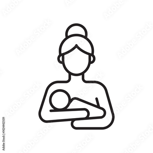 Black and White Silhouette of a Caregiver Holding an Infant with a Bun Hairstyle Representing Parenthood, Nurturing, and Maternal Editable Vector Illustration Isolated on a White Background