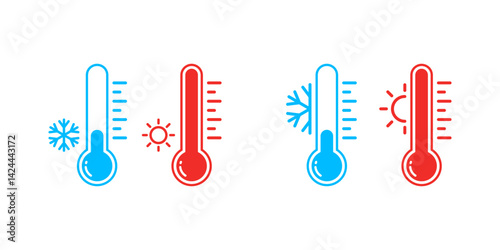 Thermometer vector icon. Hot and cold temperature thermometers vector icon set. Thermometer with sun and snowflake icon.