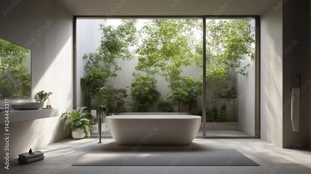Modern bathroom with floor-to-ceiling windows and plants Modern bathroom with floor-to-ceiling windows and plants