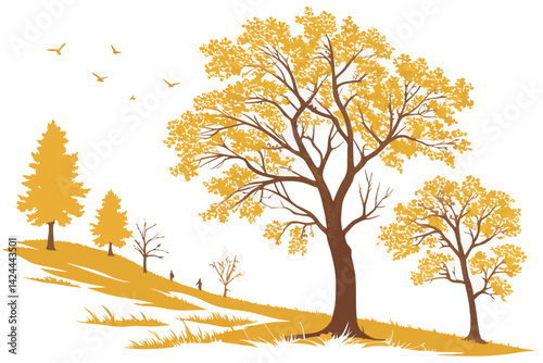 32 Autumn trees, golden foliage, vibrant yellow leaves, deciduous trees, isolated on white background, growth stages, seasonal progression, botanical illustration, watercolor style, elegant tree silho