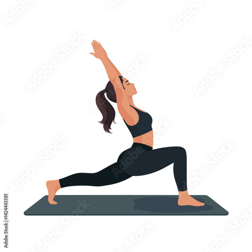 A woman performs a yoga pose known as the Warrior One on a mat, with arms extended overhead and one knee bent forward