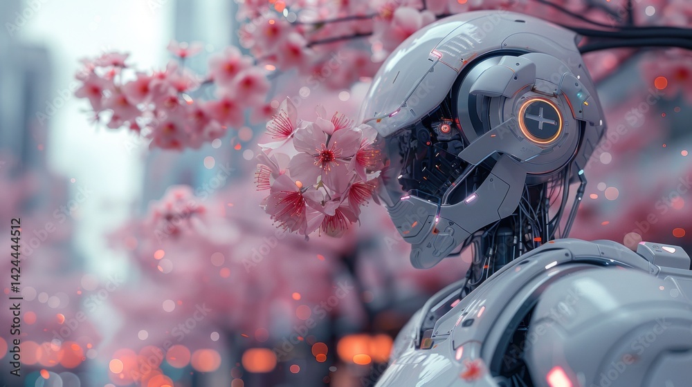 Fototapeta premium Futuristic robot amidst cherry blossoms in a city.