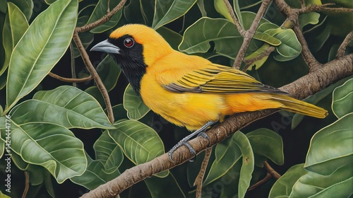 Yellow Bird Perched in Lush Foliage. Potential Stock Photo