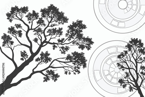 33 Trees from above, aerial view, top-down perspective, black and white illustration, circular tree canopies, branching patterns, organic shapes, symmetrical designs, nature patterns, botanical drawin