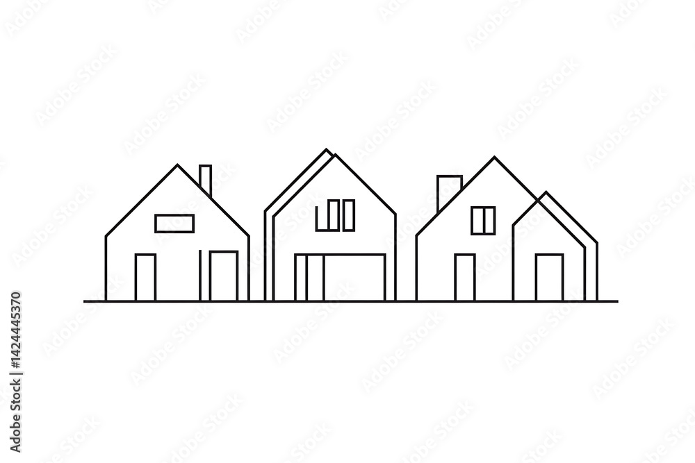 One-line drawing style: a simple vector logo of geometric shapes that outlines the shape and form of modern houses in an abstract way. White background. Minimalist. One-line drawing style: a simple vector logo of geometric shapes that outlines the shape and form of modern houses in an abstract way. White background. Minimalist.