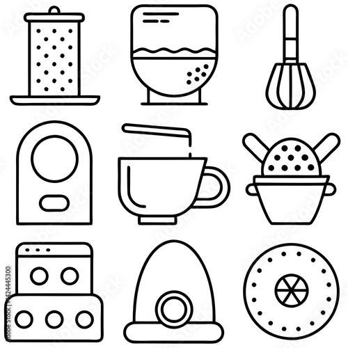 Home Brewing Equipment Icon Set in Black Line Style