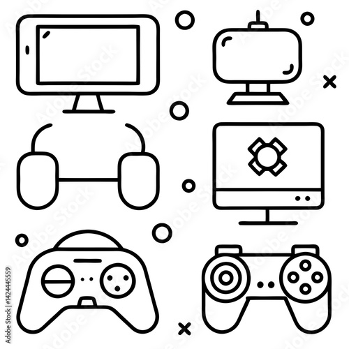 Gaming Devices Line Art: Consoles, Controllers, Monitors
