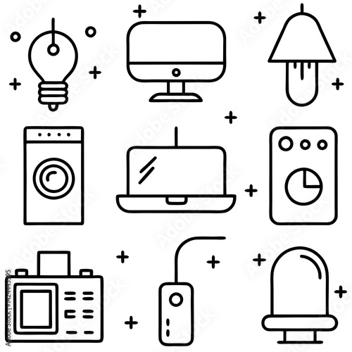 Line art depicting modern home appliances and electronics