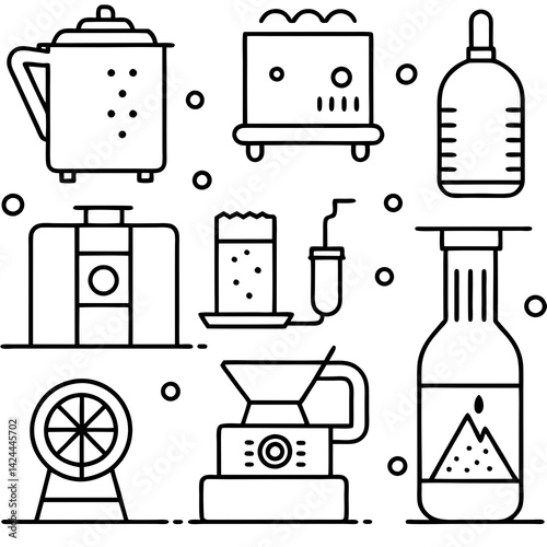 Line art illustration of various kitchen appliances and accessories