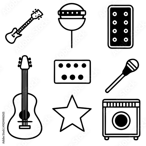 Music and Performance Icons: Guitar, Microphone, and Amplifier