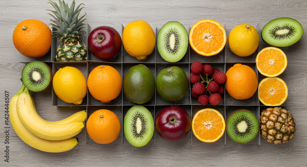 Abundance Of Fresh Fruits Beautifully Arranged In A Grid Pattern Abundance Of Fresh Fruits Beautifully Arranged In A Grid Pattern