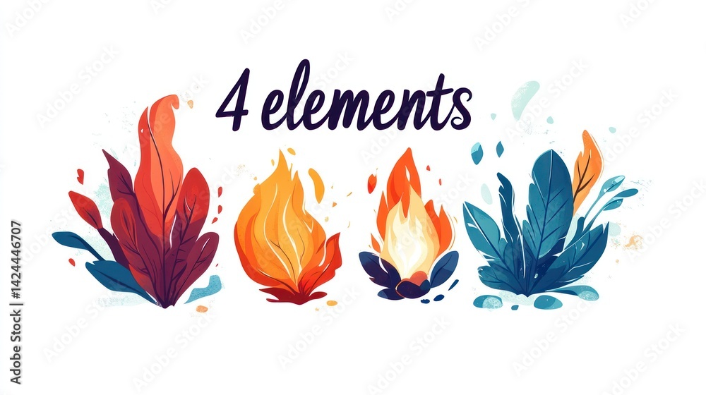 Fototapeta premium Four Elements Fire, Earth, Air, Water; Stylized Illustration