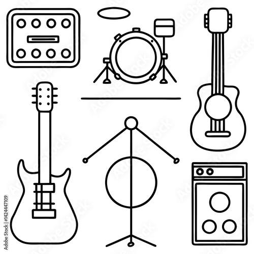 Musical Instruments Line Art: Guitars, Drums, Amplifier and More
