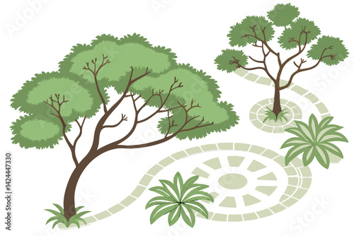 34 Top-down view of trees, aerial perspective, botanical illustration, green foliage, symmetrical patterns, diverse tree species, tropical and temperate trees, circular shapes, lush canopy, detailed b