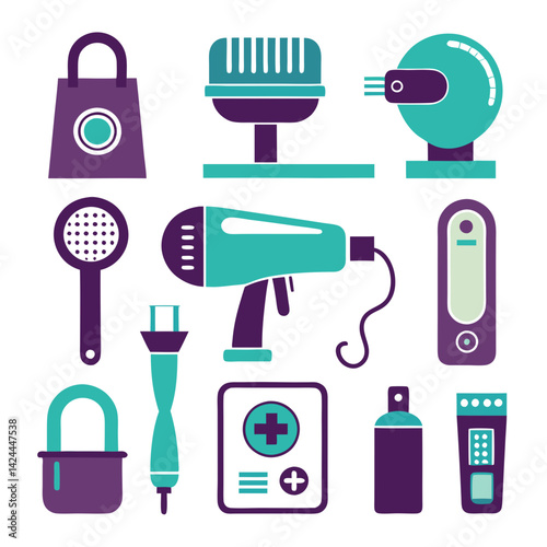 Assorted purple and teal equipment vector graphic set