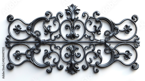 A Victorian-style black wrought iron lattice with curved lines and heart-shaped flourishes, isolated on a white background. The detailed ironwork design exudes sophistication and timeless beauty.