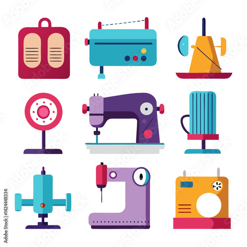 Colorful Cartoon Sewing Machines Set Illustration with Retro Style