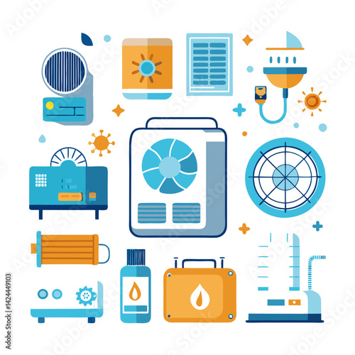 Various water filtration and purification devices in flat style