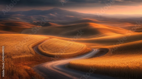 Golden hour road through rolling hills