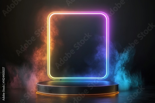 Mysterious neon frame gradient warm orange cold blue dark pedestal surrounded colorful smoke creating futuristic atmospheric scene