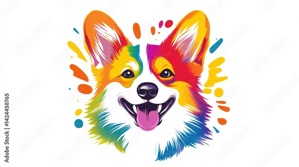 Naklejka premium Rainbow Corgi portrait, playful, white background, vibrant art, pet design