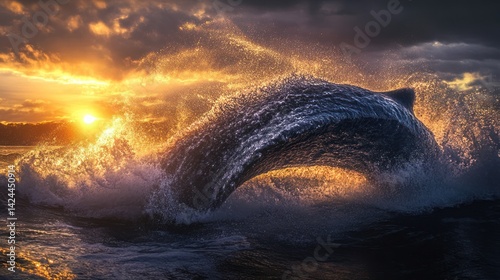 Whale breaching ocean sunset; dramatic sunrise, wave action