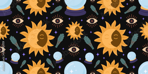 Witchy seamless pattern with sun and moon faces, crystal balls, all-seeing eyes, sage bundles, and magic stars on black background — perfect for mystical boho textiles, spiritual wrapping paper.