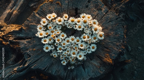 Daisies in Heart Shape on Tree Stump
