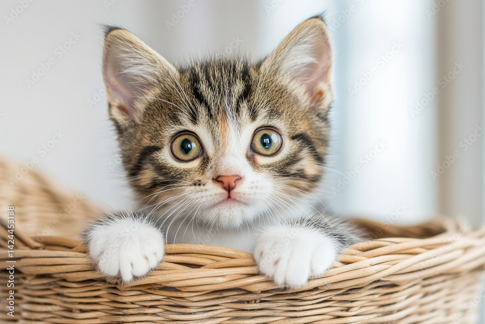 Charming tabby kitten large curious eyes sitting small wicker basket light neutral background