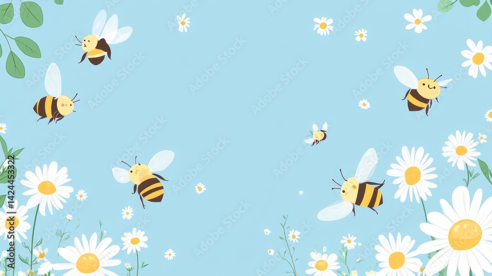 Cute bees flying near daisies; blue sky background; spring nature illustration Cute bees flying near daisies; blue sky background; spring nature illustration