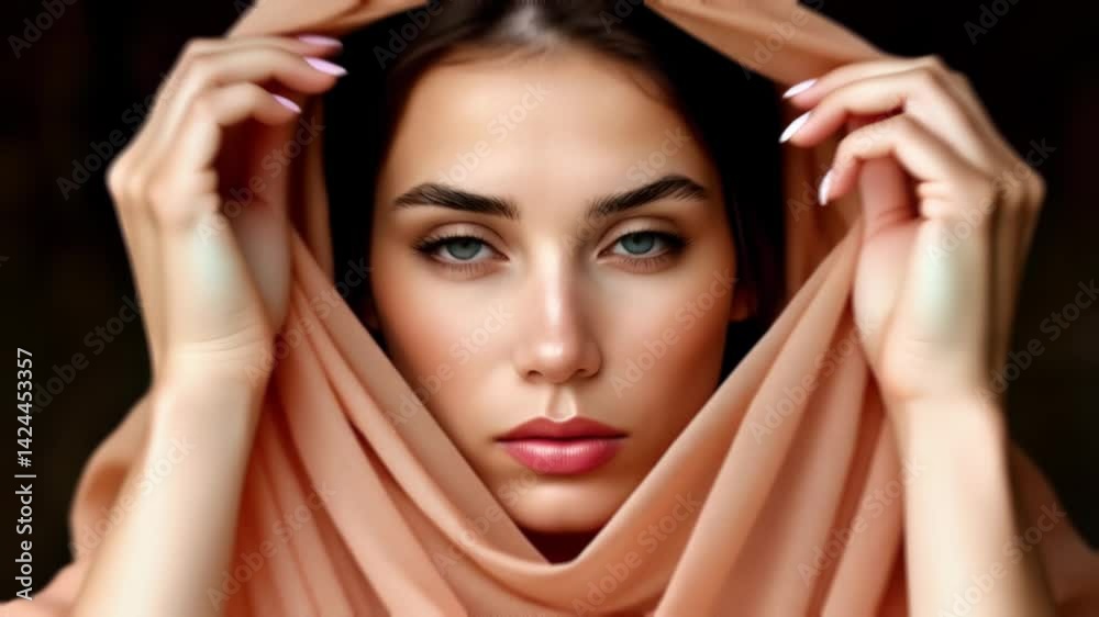 Ai generated close-up in a beautiful woman's face fixing her veil Ai generated close-up in a beautiful woman's face fixing her veil