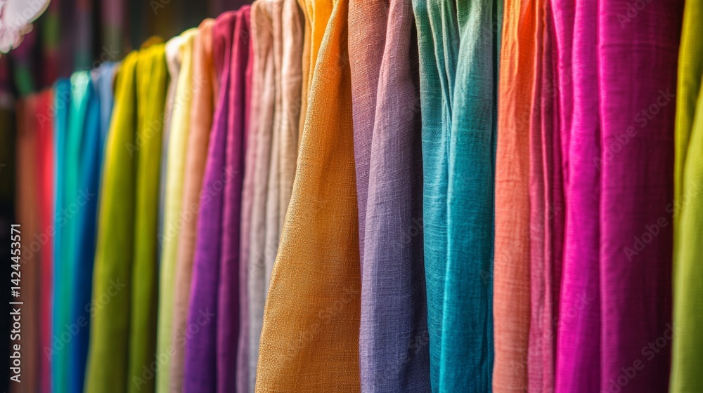 Rainbow fabric rolls in vertical colorful layout Rainbow fabric rolls in vertical colorful layout