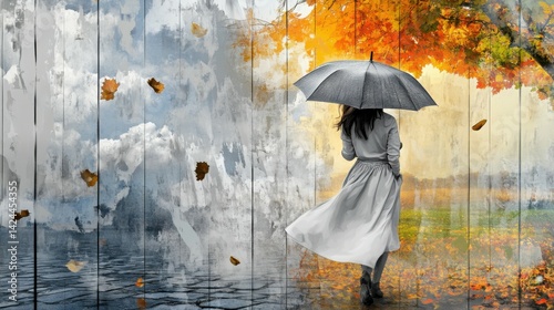 Trend artwork sketch image 3D photo collage of autumn season bad weather clouds rain fall leaves young lady walk step outdoors hold sun