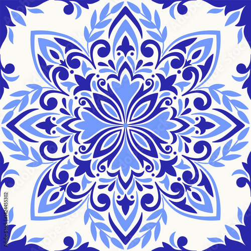 Mediterranean tile, blue seamless pattern. Spanish, Portuguese, or Moroccan traditional ornament. Mosaic floral design with leaves, ethnic motifs for ceramic. Vector illustration