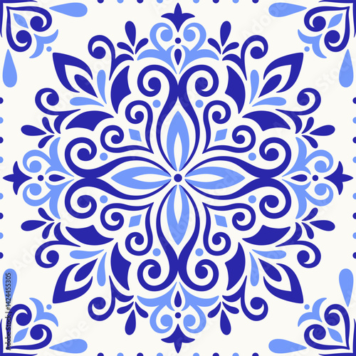 Mediterranean tile, blue seamless pattern. Spanish, Portuguese, or Moroccan traditional ornament. Floral mosaic design with geometric ethnic motifs for ceramic. Vector illustration