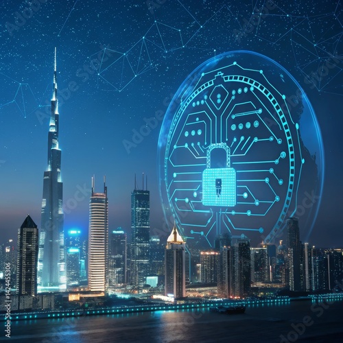 Dubai Skyline Security Futuristic Globe Shield, cybersecurity ,data privacy