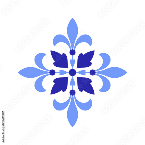 Mediterranean blue motif on white background. Traditional ethnic Portuguese, Moroccan, Spanish ornament, mosaic design. Vector illustration