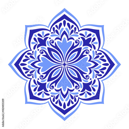 Mediterranean blue floral motif on white background. Ethnic design for ceramic tile. Traditional Portuguese, Moroccan, Spanish ornament. Vector illustration