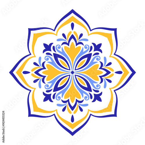 Mediterranean blue yellow floral motif on white background. Ethnic design for ceramic tile. Traditional Portuguese, Moroccan, Spanish ornament. Vector illustration
