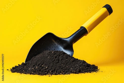 Black soil spills from a gardening shovel against a vibrant yellow background. photo