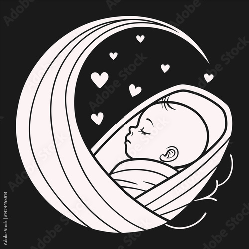 Sleeping Newborn Baby in Crescent Moon Cradle with Hearts
