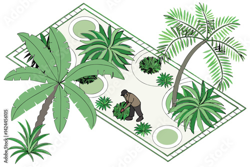 36 Top-down view, tropical plants, palm trees, foliage, green leaves, botanical illustration, landscape design elements, aerial perspective, lush vegetation, variety of plant species, isolated on whit