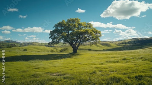 Lone tree on grassy hill under a partly cloudy sky