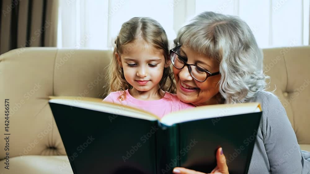 Elderly grandparent wearing reading glasses sharing storybook with young granddaughter, cuddling together on soft living room sofa, bonding through family storytelling Elderly grandparent wearing reading glasses sharing storybook with young granddaughter, cuddling together on soft living room sofa, bonding through family storytelling