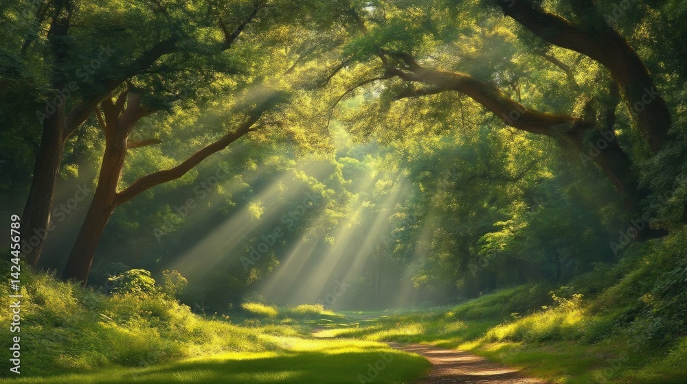 Sunlight streams through a lush forest path. Lush greenery, sunlight beams through trees, tranquil woodland scene Sunlight streams through a lush forest path. Lush greenery, sunlight beams through trees, tranquil woodland scene