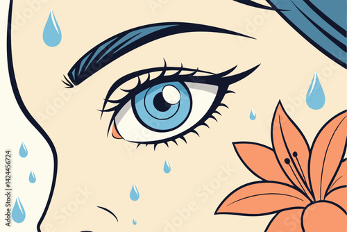 Stylized CloseUp Illustration of a Woman’s Blue Eye with Water Droplets and Floral Accent