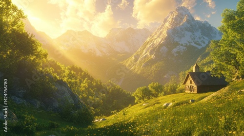 Mountain Valley Sunset Chapel; Scenic Alpine Meadow